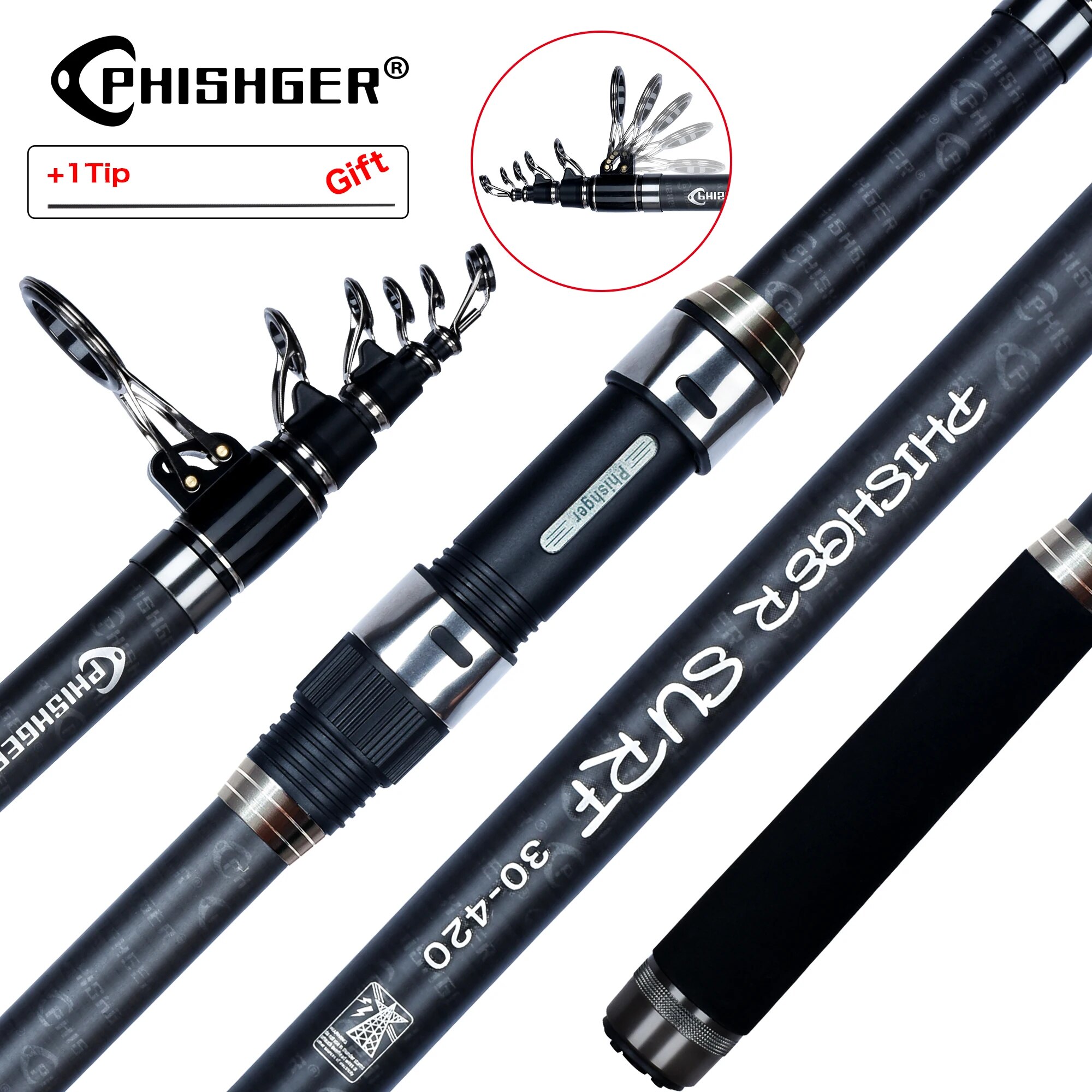 Fishing Rod Surf - PHISHGER joran berputar teleskopik, tongkat memancing